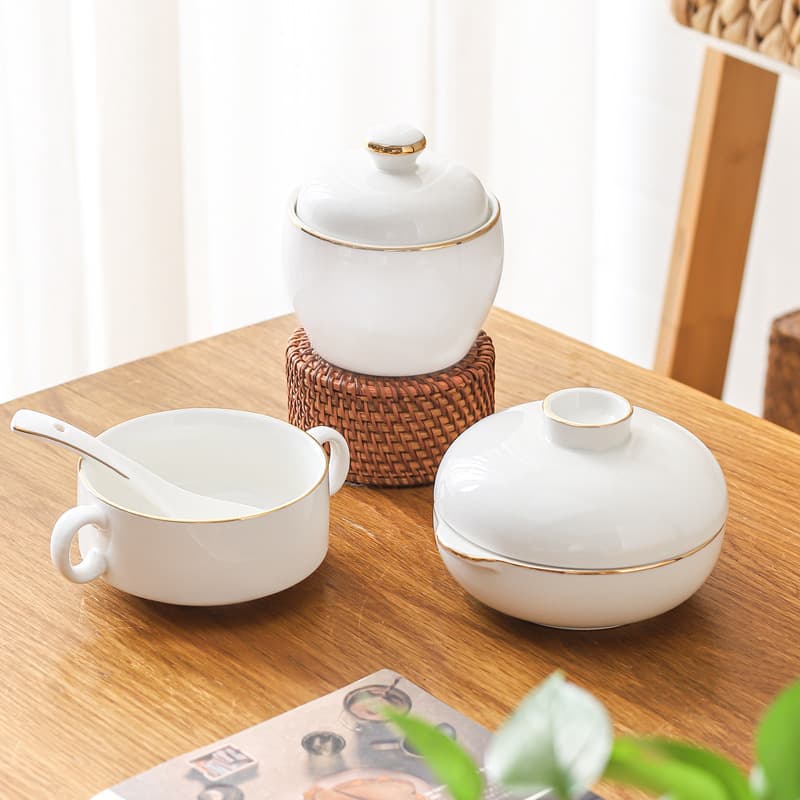 Confinement meal tableware set, maternity bowl with lid, ceramic stew cup, soup cup, one person eating tableware, wooden dinner plate, hygienic
