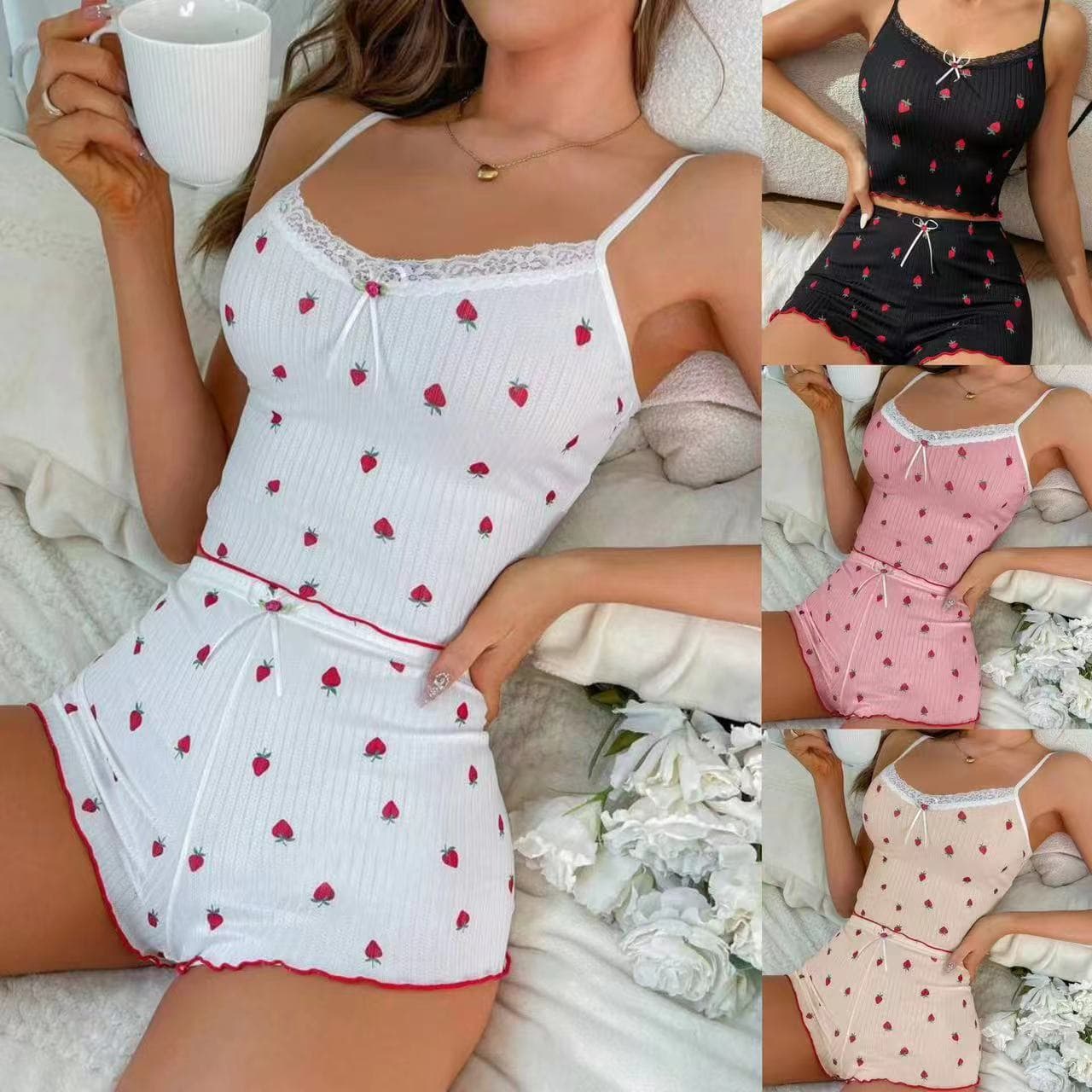 New printed big pit strip home ladies bow suspender shorts strawberry print two piece set lace