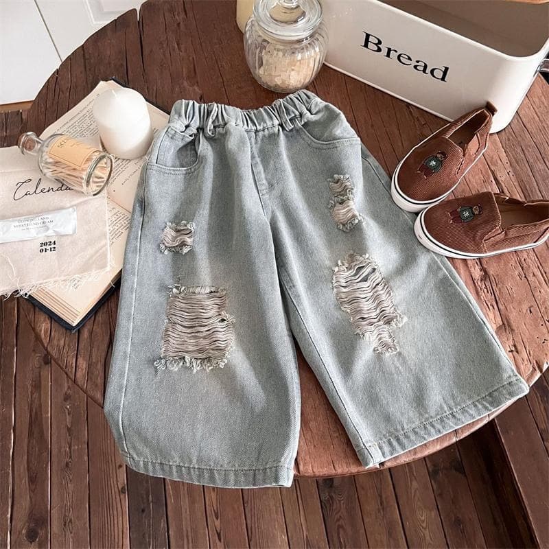 Spring and Autumn Clothes Personalized New Style Children's Korean Ripped Jeans Men's and Women's Baby Korean Loose Straight Pants