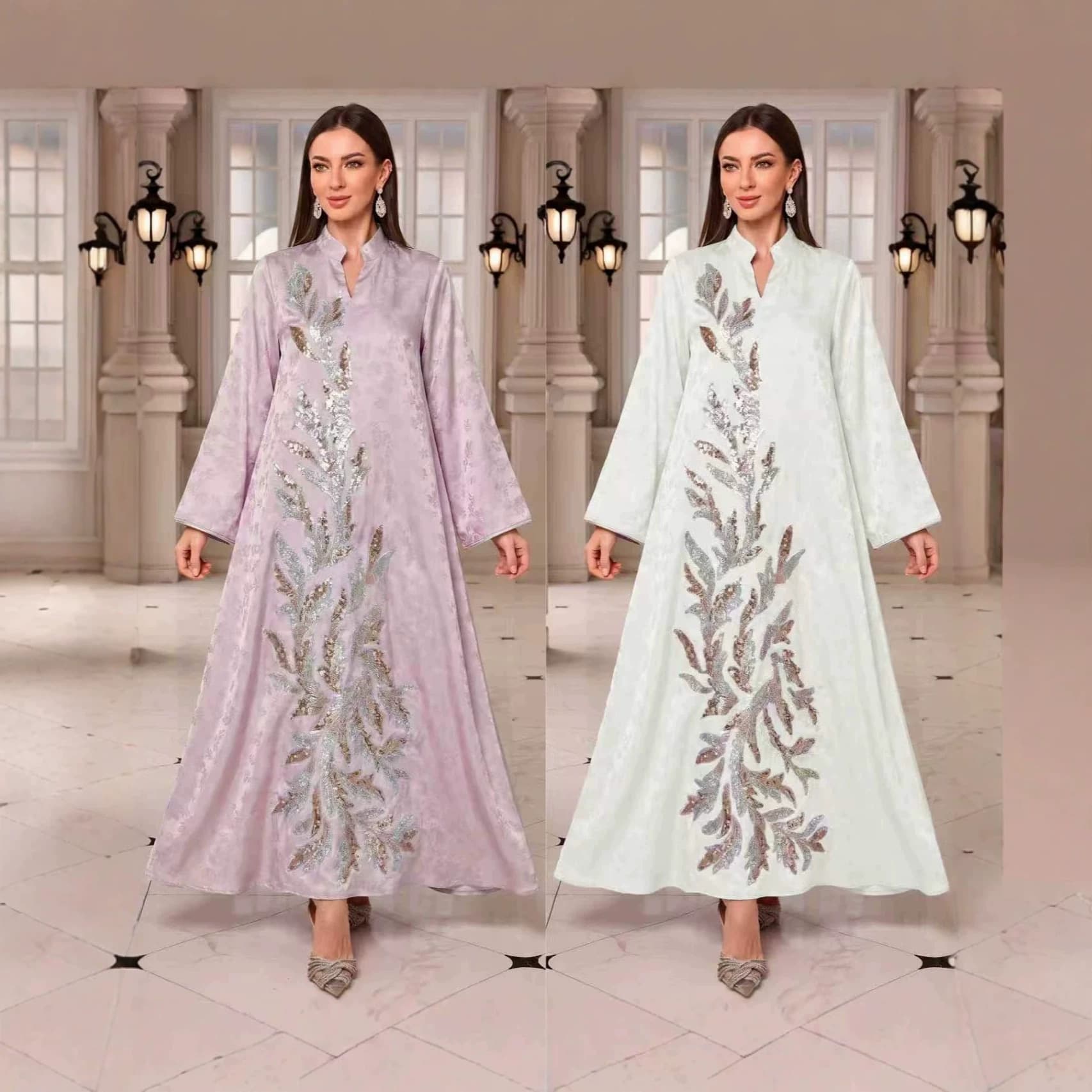 Cross-border foreign trade new dark pattern satin gold and silver gradient leaf sequin embroidery dress