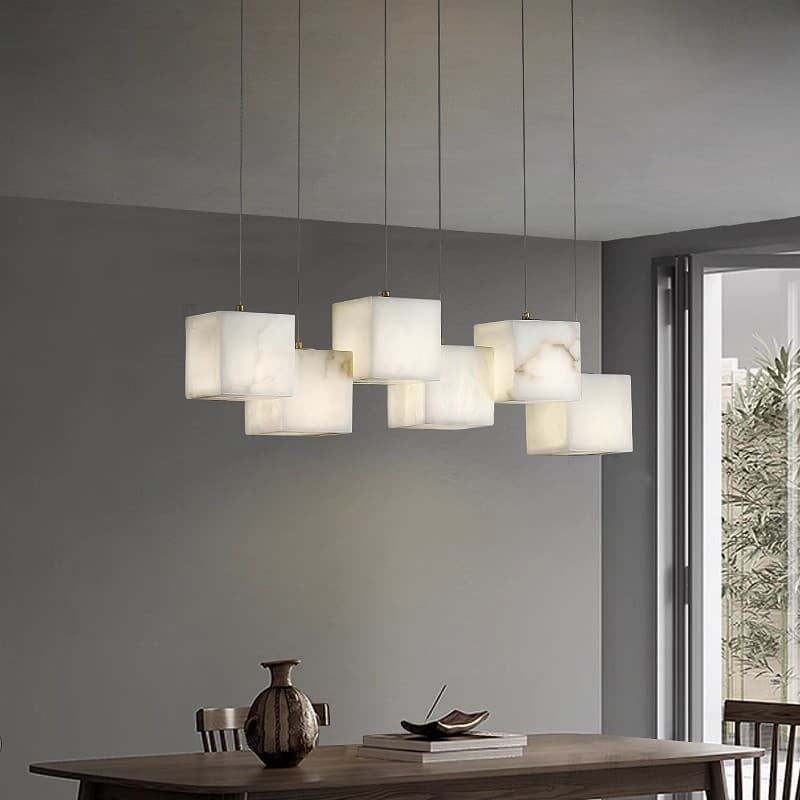 Natural Marble Pendant Light, Solid Brass, Postmodern Minimalist Dining Room Square Linear Pendant Light, Bar, New Chinese Style Tea Room Chandelier