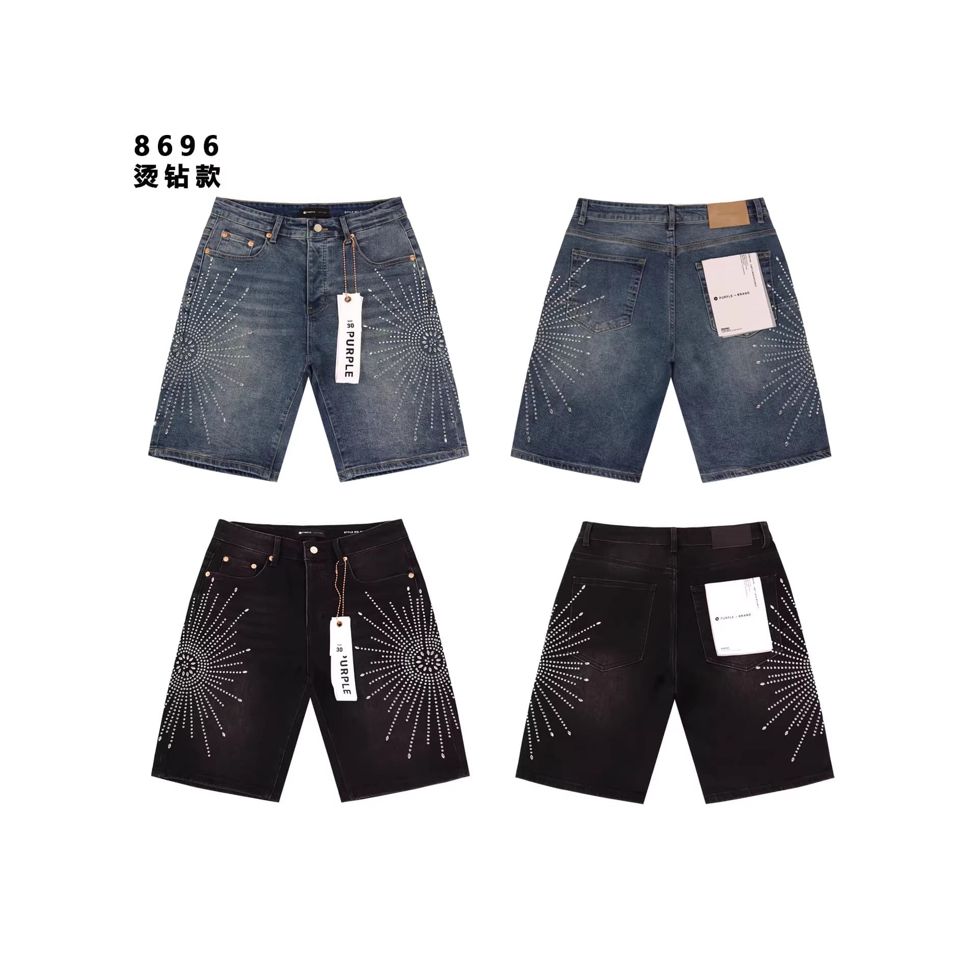 Cross-border trendy brand PURPLE BRAND flower pattern heavy industry hot diamond versatile casual denim shorts for men and women
