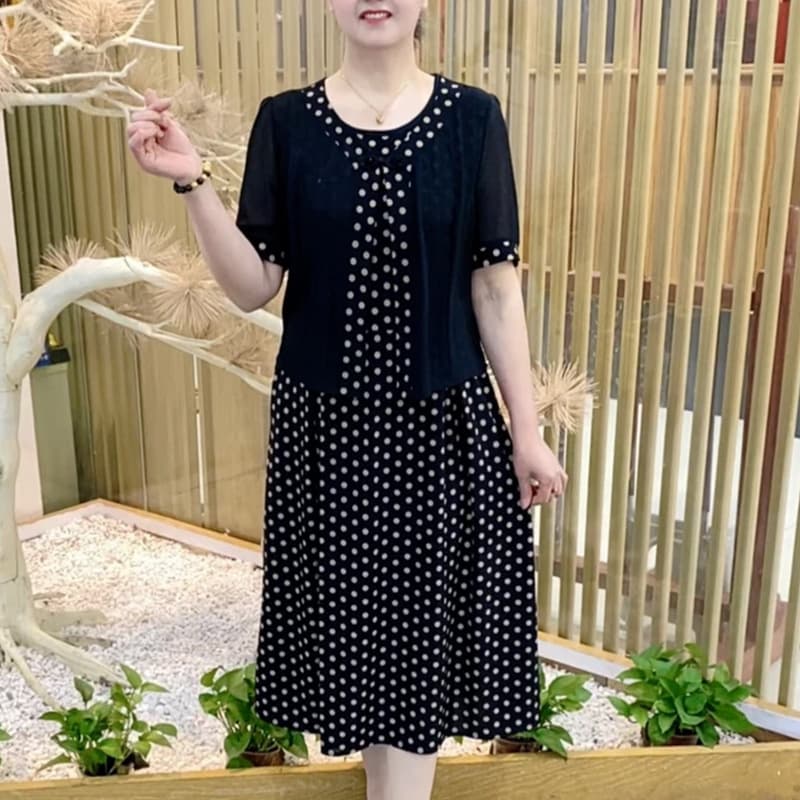 Fake two-piece dress women's summer slim long skirt plus size middle-aged and elderly mothers polka-dot short-sleeved skirt mid-length