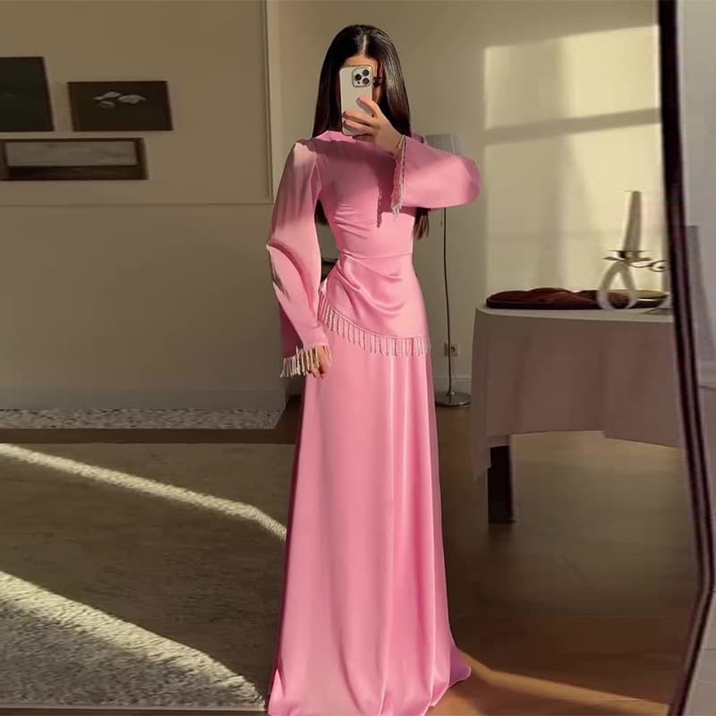2026 New Women's Round Neck Long Sleeve Rhinestone Pink Fitted Elegant Set for Amazon Cross-border Trade in Europe and America