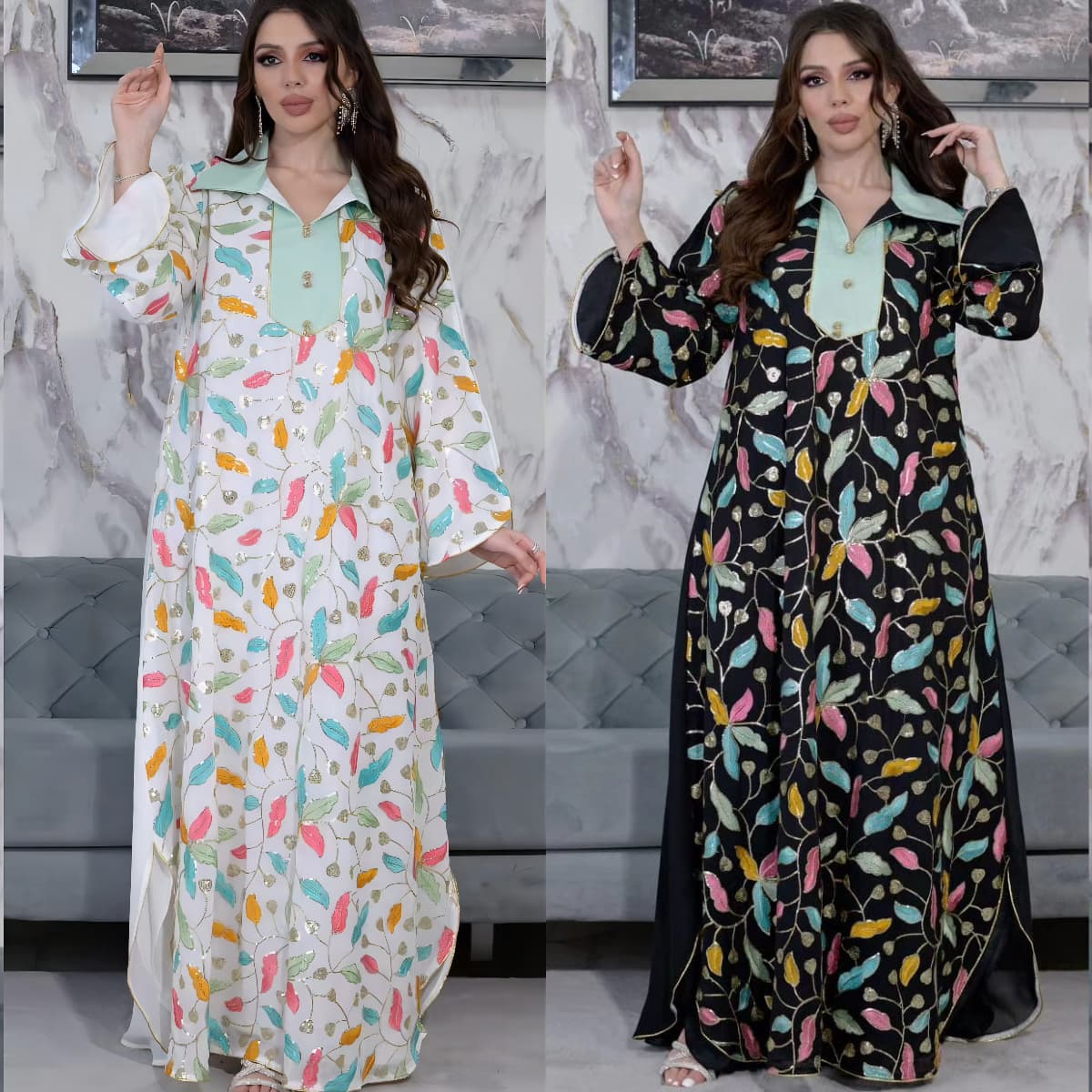 4068 Cross-border Amazon Sequin Embroidered Long Dress Jalabiya