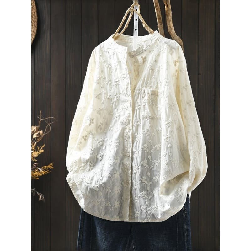 Cotton Jacquard Stand Collar White Blouse for Women 2026 Spring New Loose Long Sleeve French Style Shirt Top