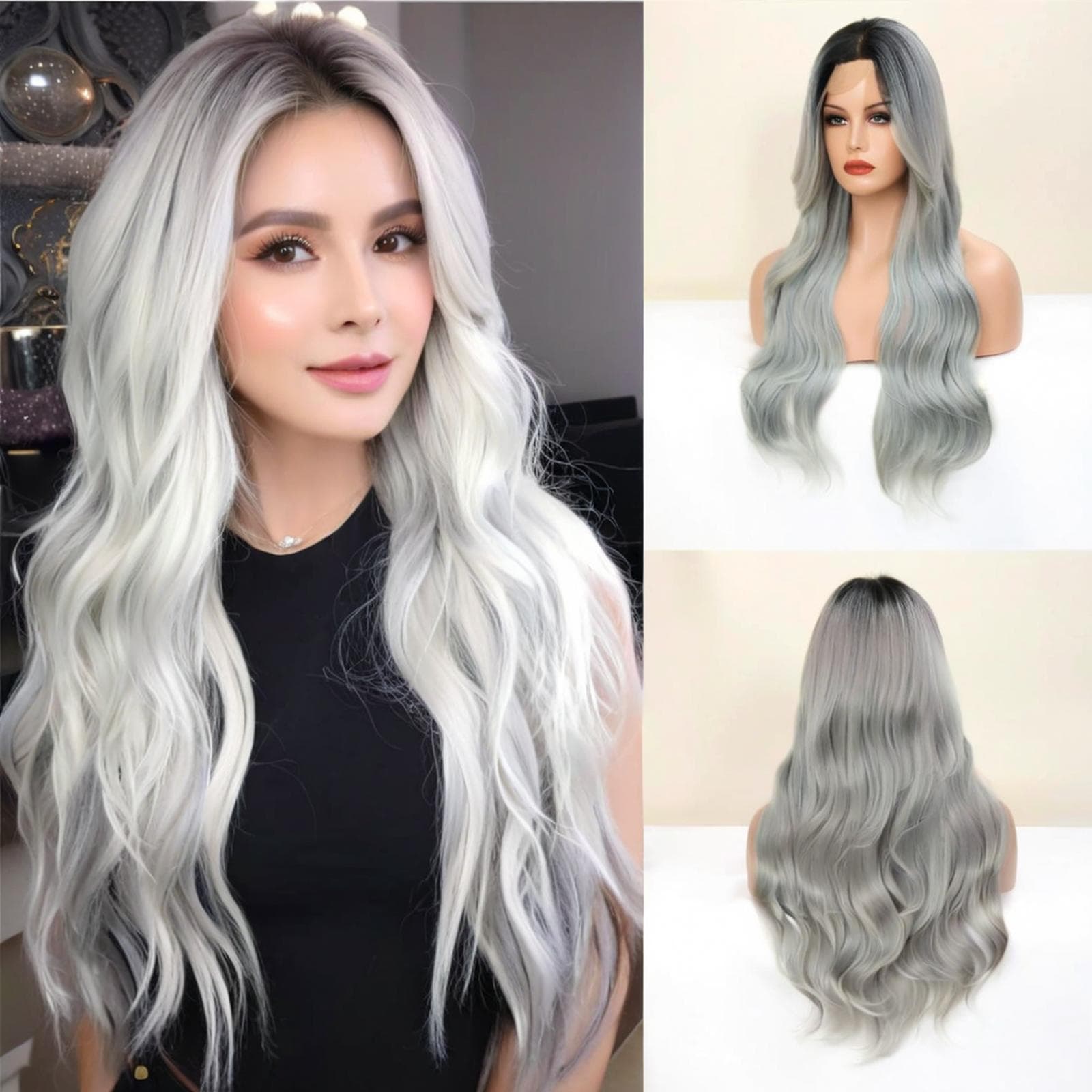 Women's Gradient Grey Medium-Long Curly Wig, European and American Fashion Long Hair Big Wave Wig, In Stock, First Quality Hair