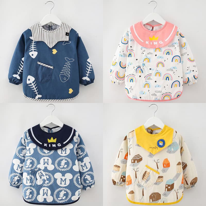 New Pure Cotton Waterproof Children's Coverall for Autumn and Winter, Long-Sleeved Reverse Wear Feeding Apron and Smock