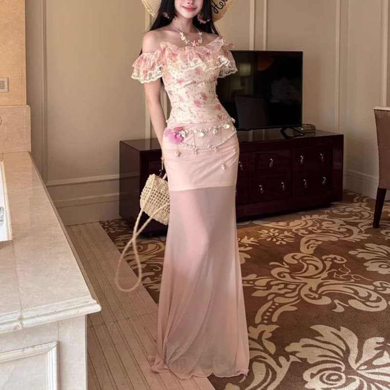 French Sweet Two-Piece Set for Women Summer Ruffle Floral Patchwork Top High-Waist Slimming Mesh Skirt