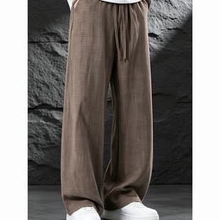 Coffee American Lazy Style Pants for Men, Summer Thin Old Money Trendy Linen Curved Leg Pants, Versatile Ice Silk Casual Pants