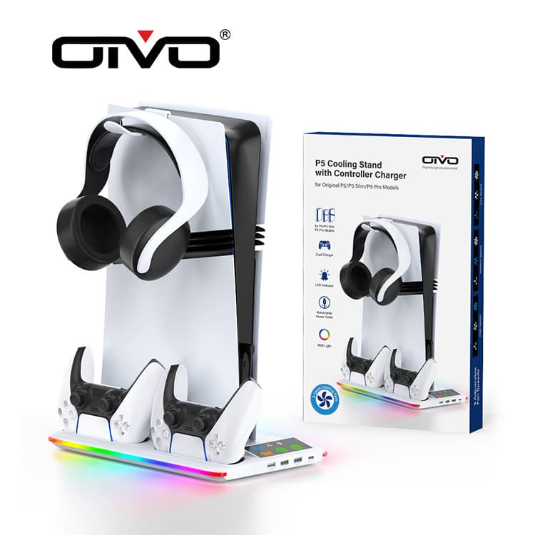 PS5/Slim/Pro Universal Cooling Fan Stand with RGB Lights, PS5 Controller Charger and Headphone Holder