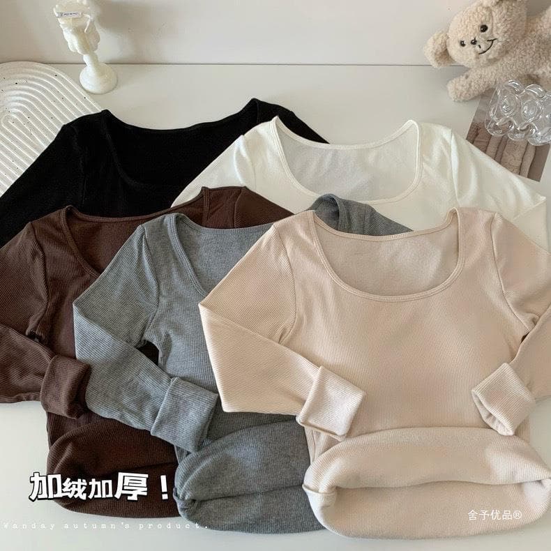 Autumn/Winter Korean Style Fleece-Lined Brushed Square Neck Warm Long Sleeve Underwear Slimming with Pads T-Shirt Base Layer Thermal