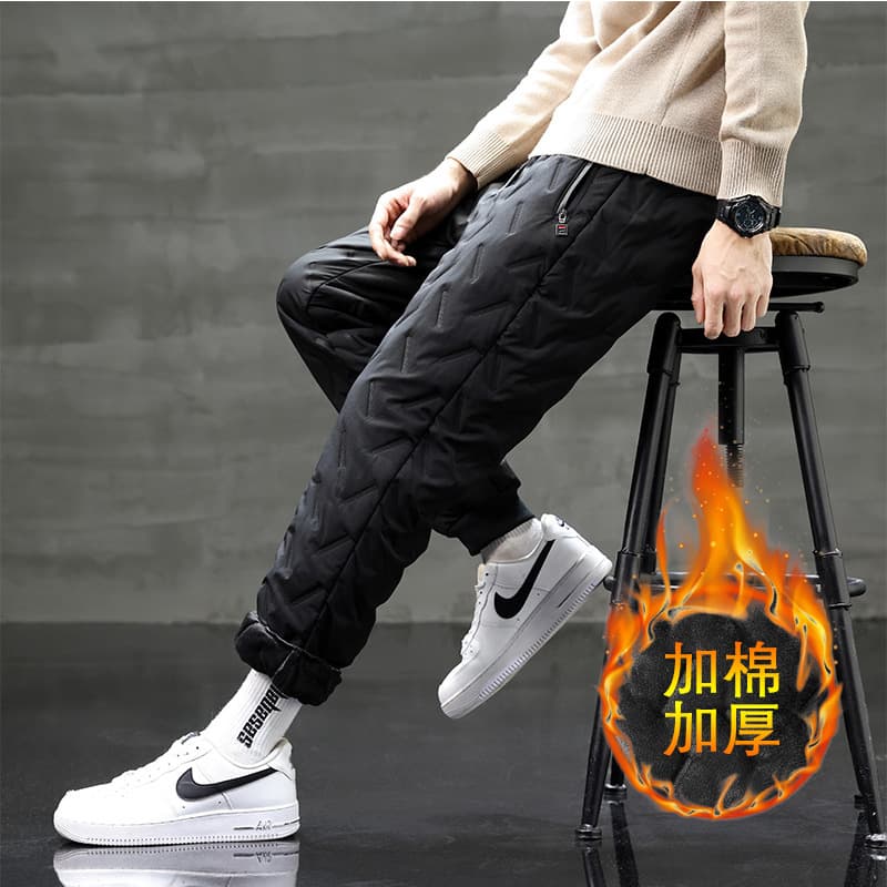 Men's fleece-lined winter thick cotton pants, outerwear, tapered casual long pants, windproof, plus size, warm fleece pants