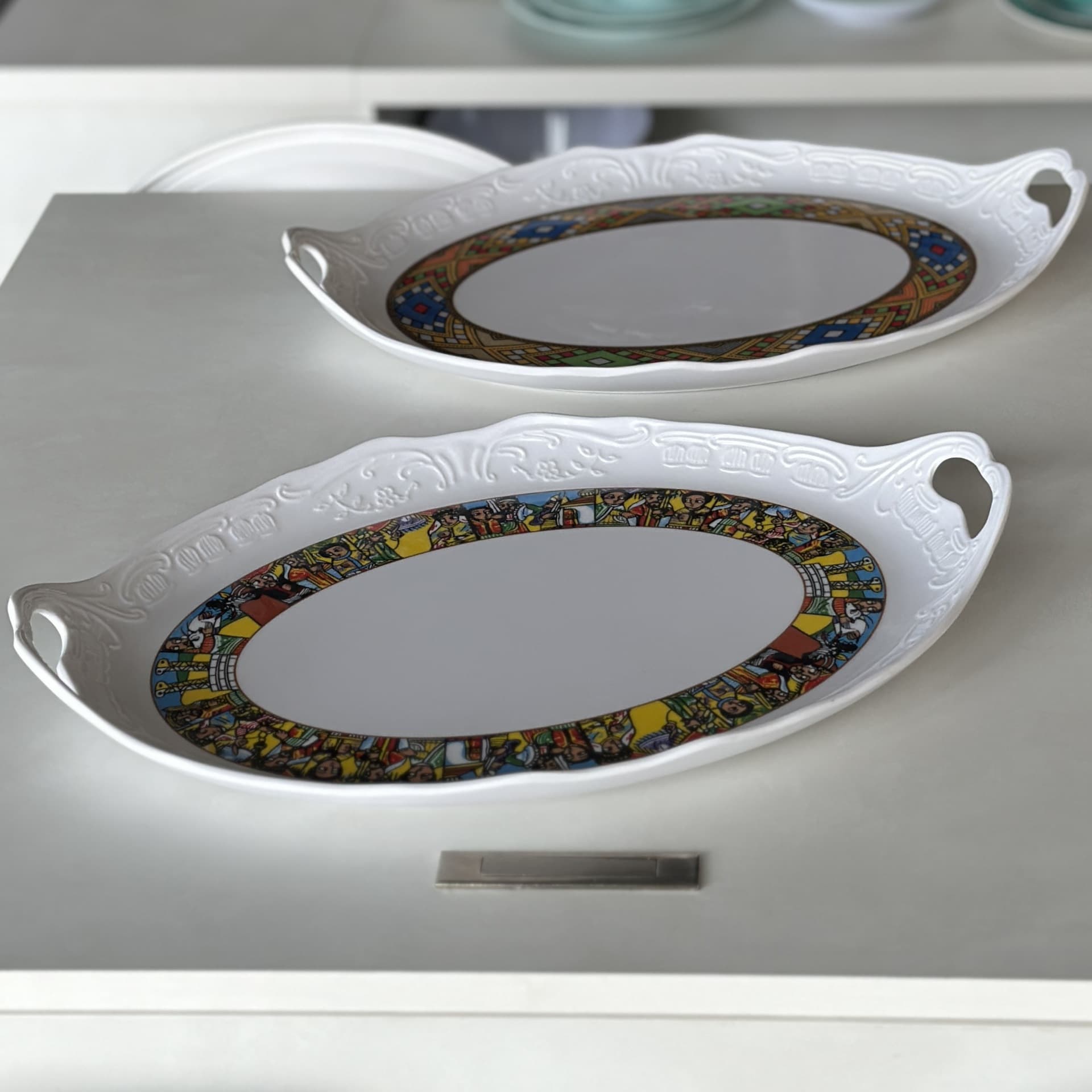 Middle East Series Tray Melamine Imitation Porcelain Plate Oval Double-Handle Storage Plate Household High-Appearance Relief Dinner Plate