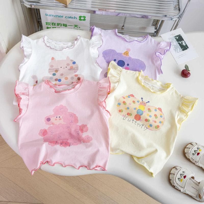 New summer children's clothing, girls' short-sleeved T-shirts, baby fashionable small flying sleeve tops, children's cotton tops, trendy