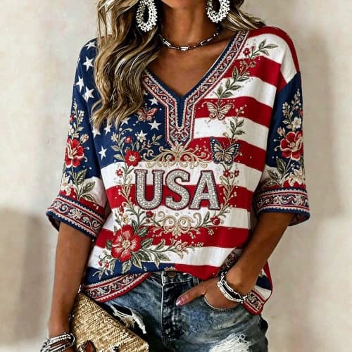 Cross-Border Long-Sleeved Loose-Fitting Women's T-Shirt with American Flag Digital Print V-Neck Long-Sleeved Loose-Fitting Women's T-Shirt Wholesale