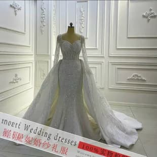 Cross-Border Bride Wedding White High-End Lace Long Sleeve Mermaid Wedding Dress Train Bridal Gown