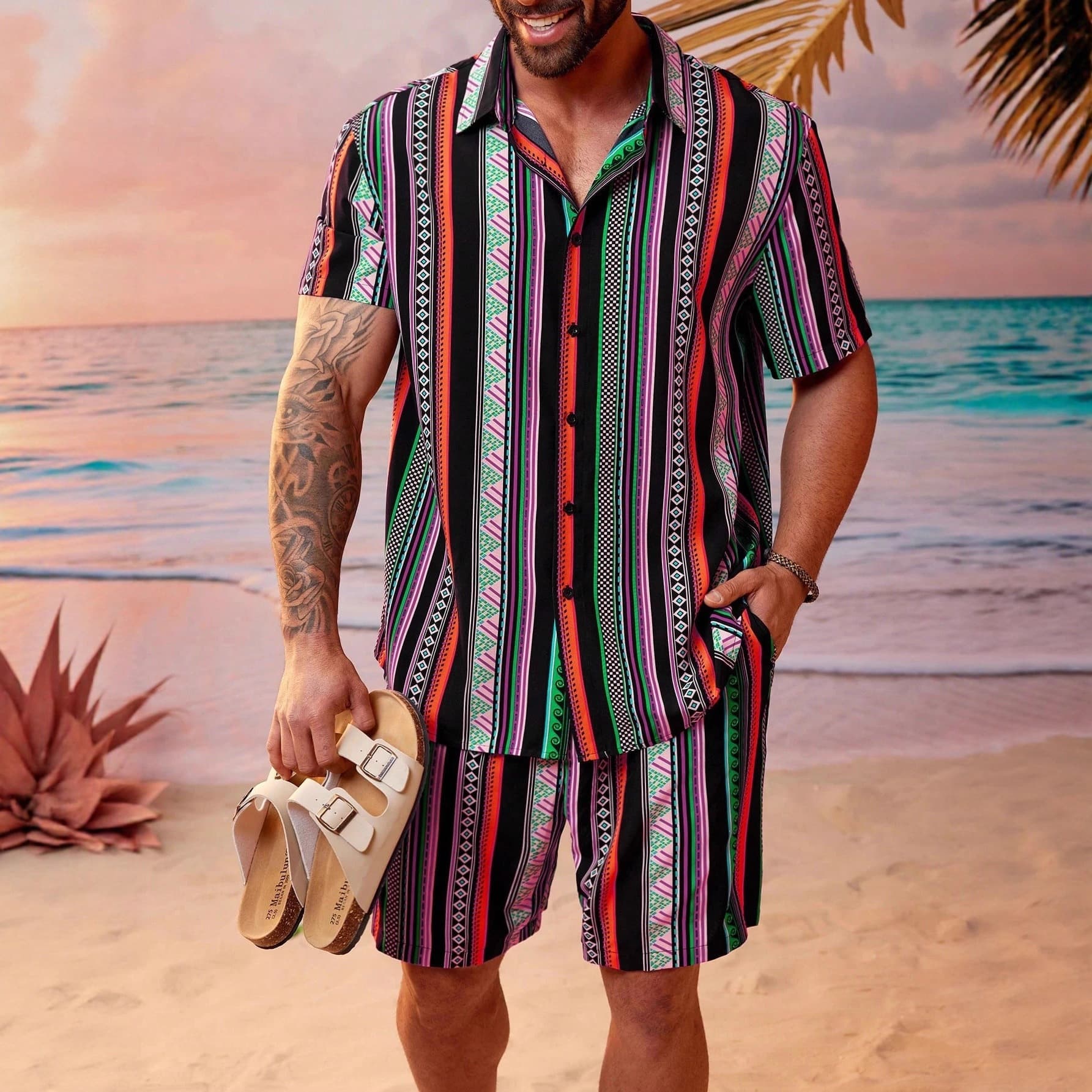Independent Station Cross-border Plus Size Fashion Trendy Cardigan Men New Cool Short Sleeve Lapel 3D Print Shirt Set