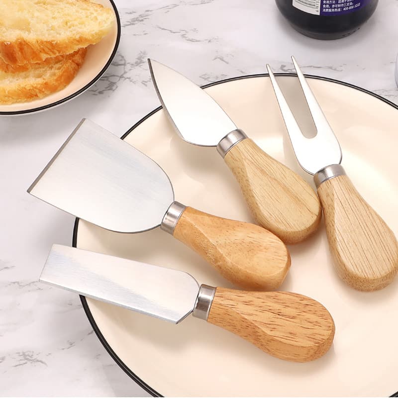 Stainless Steel Cheese Knife 4-Piece Set with Rubber Wood Handle, Butter Knife, Pizza Cheese Knife, Fork, Spatula Cheese Knife Set