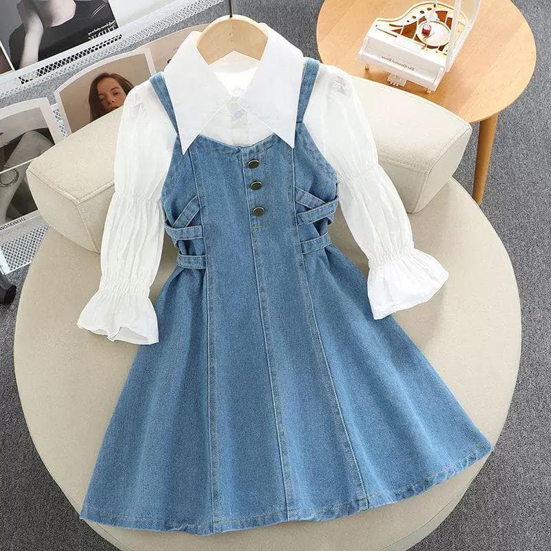 Girls' Dress, Large Size, Children's Strap Skirt, Girls' Western-Style Spring and Autumn Outfit, Denim Strap Skirt, Student Version, Summer Fashion
