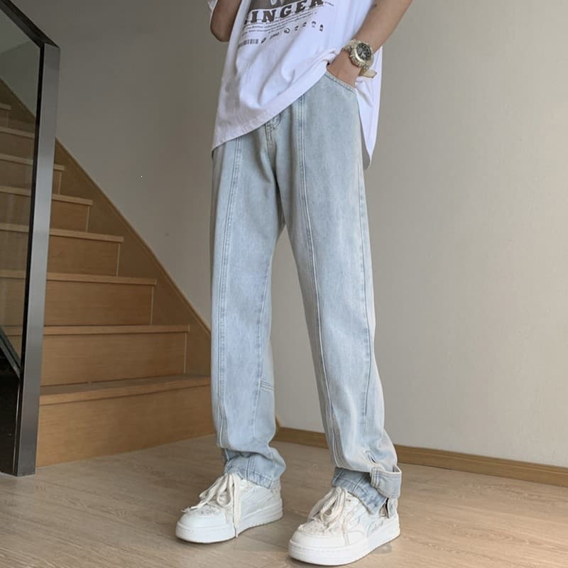 American functional side slit zipper jeans for men, straight-leg washed trousers that look taller and slimmer