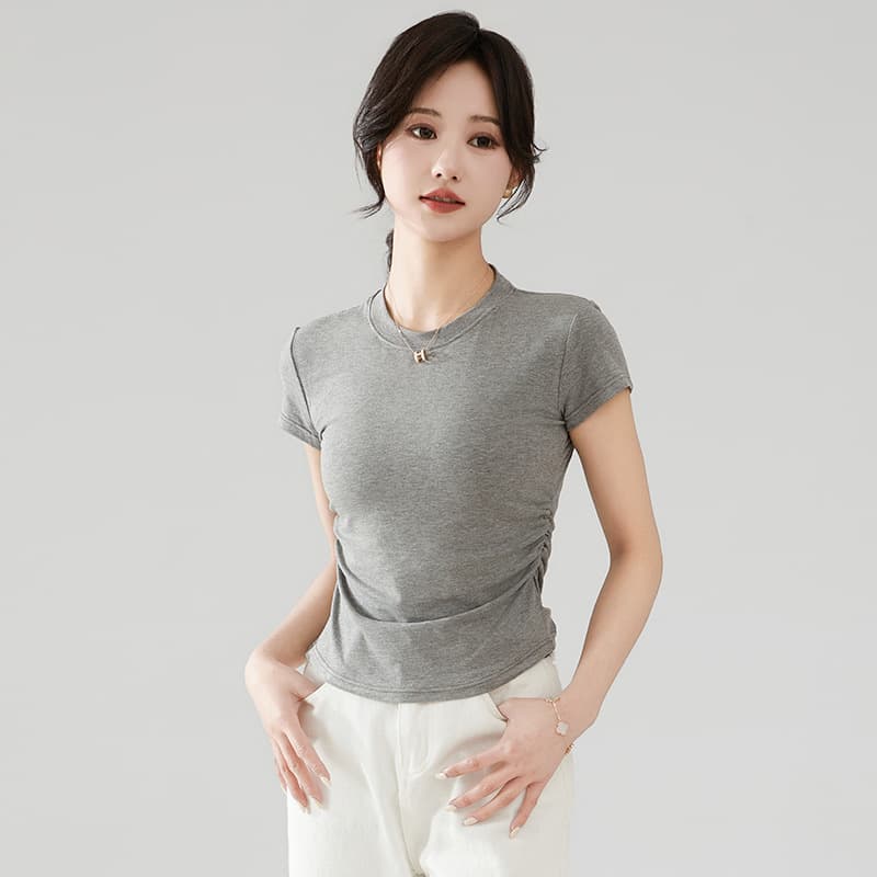 Douyin popular round neck short-sleeved T-shirt for women spring and summer new design pleated waist sweet hot girl bottoming top