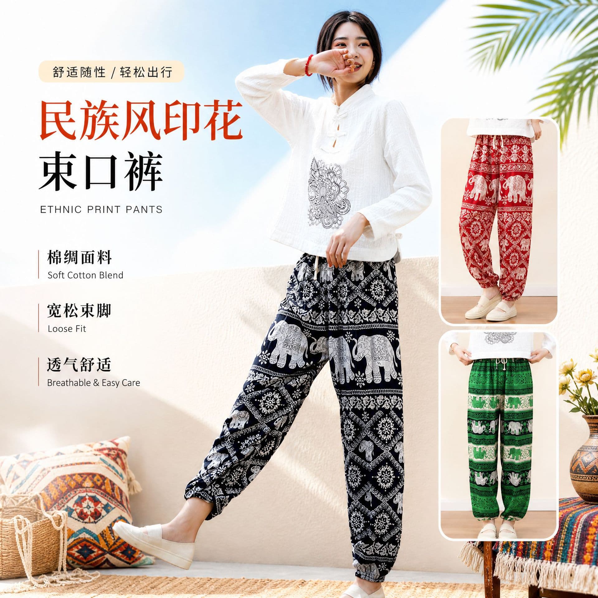 Ethnic Style Elephant Pants, Rayon Mosquito-Proof Drawstring Pants, Home Silk Cotton Pants for Women, Floral Dance Sleep Pants, In Stock
