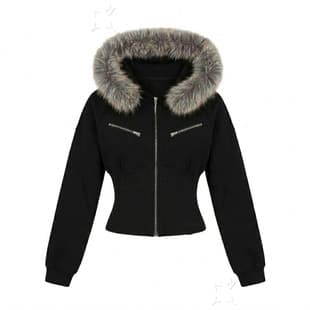 Y2K Winter Waist-Cinching Slim Fit Zipper Jacket Personalized Fitted Hoodie with Fur Collar