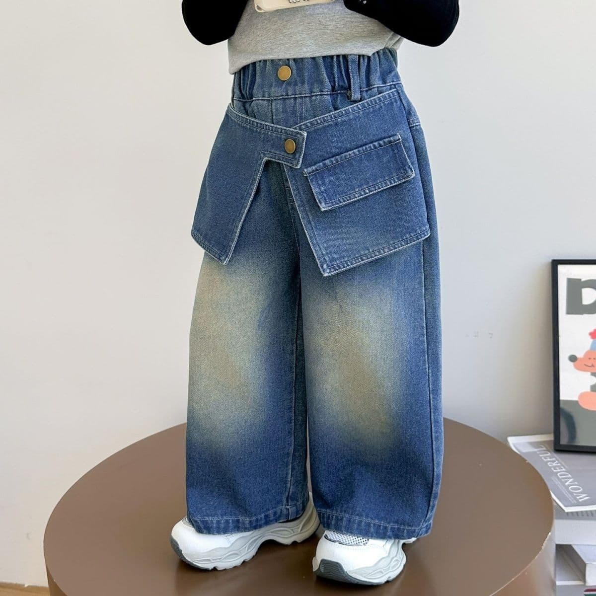 Girls' Pants Spring/Autumn Style 2025 New Children's Stylish Versatile Casual Jeans Girls' Autumn Wide-Leg Pants with Flap