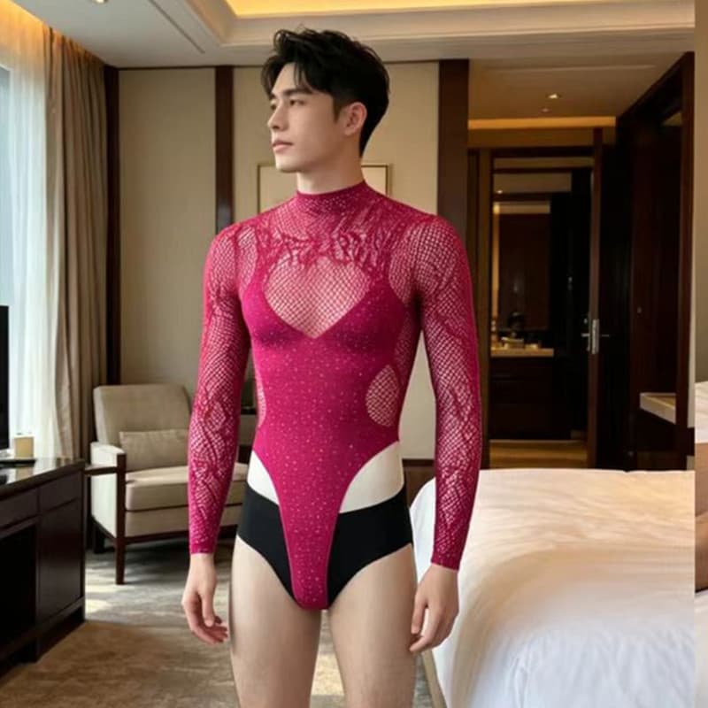 Men's Sexy Lingerie Set with Rhinestones, Sensual Hollow-Out Bedazzled Bikini Long-Sleeve Mesh Top