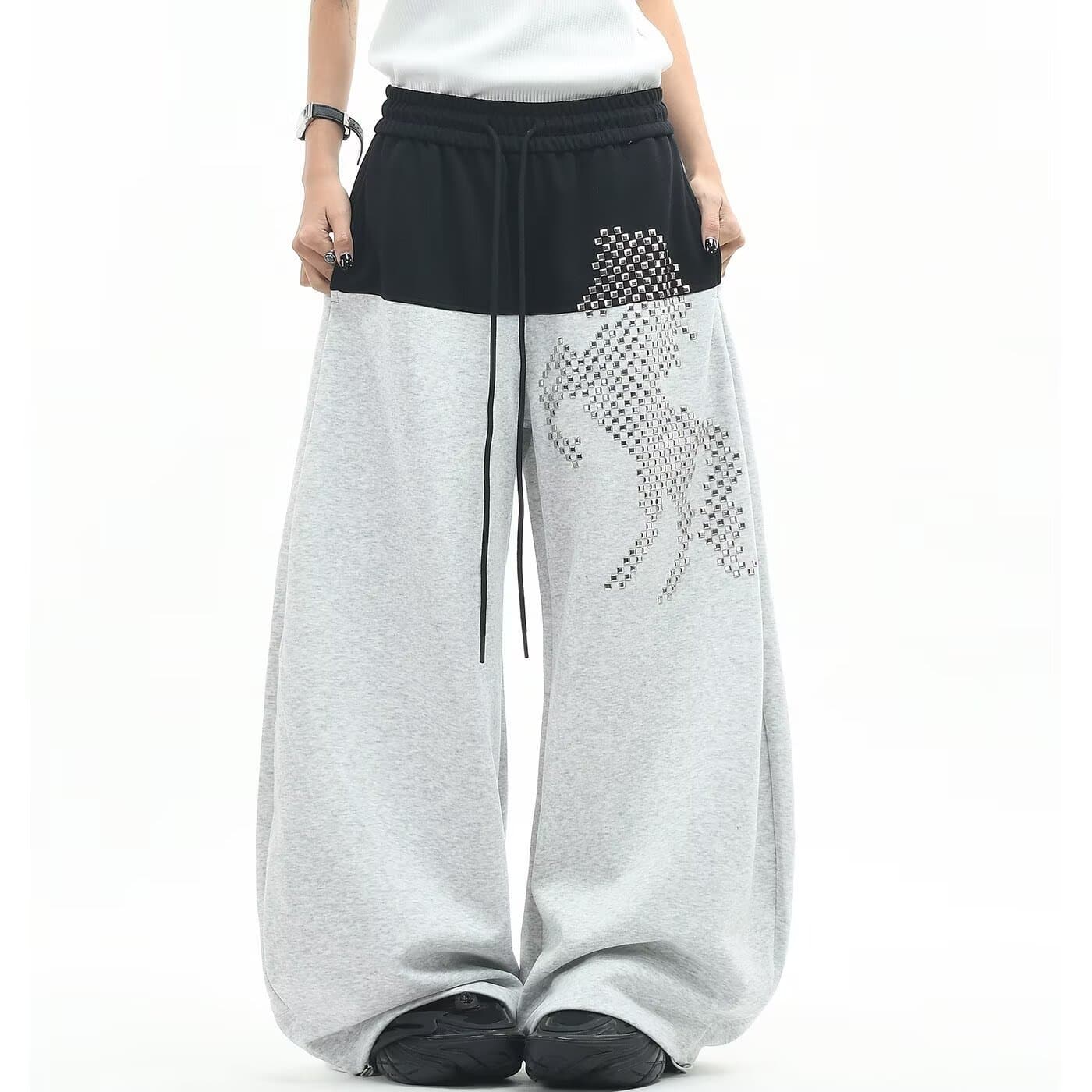 2026 New Straight Leg Sports Wide Leg Casual Pants Rhinestone Gray Snake Print Sweatpants Flowing Thin Style Sweatpants Women