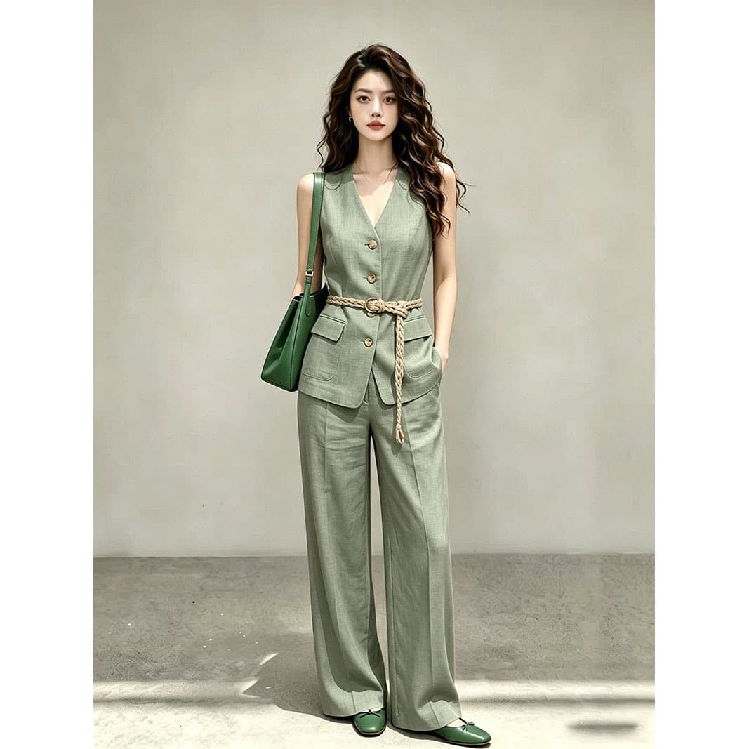 A complete set of outfits to reduce age in summer. Cool, sassy, decent, unique, unique, beautiful and beautiful green suit pants.