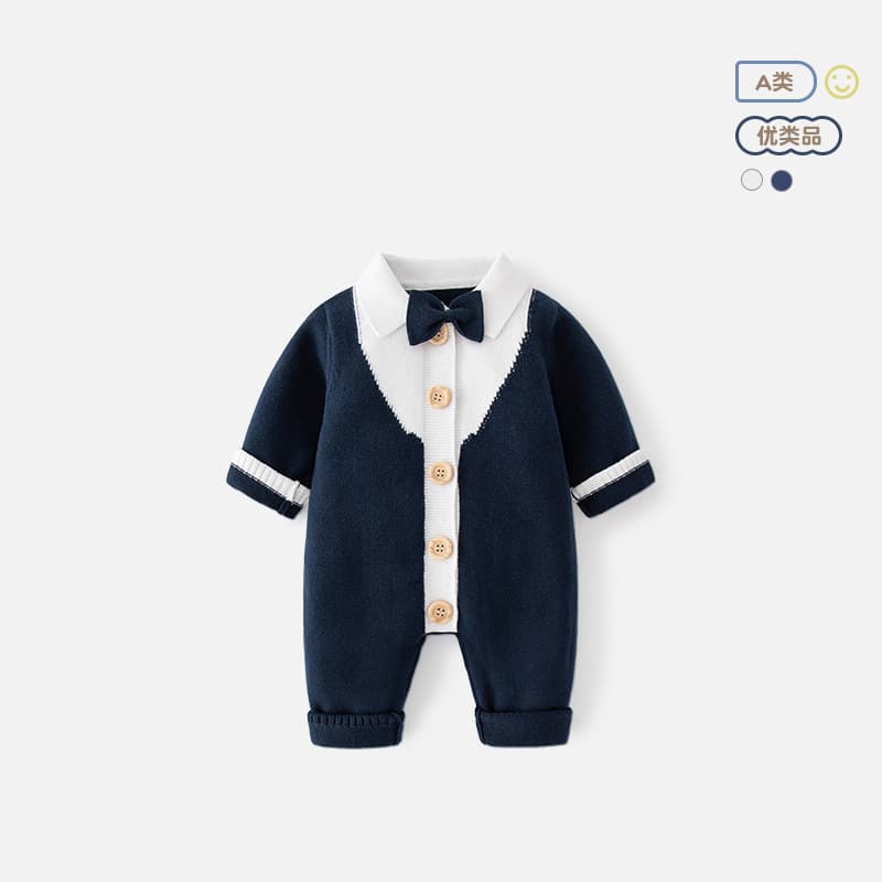 British Style Lapel Baby Romper Little Gentleman Pure Cotton Class A Baby Romper Spring and Autumn Baby Outwear
