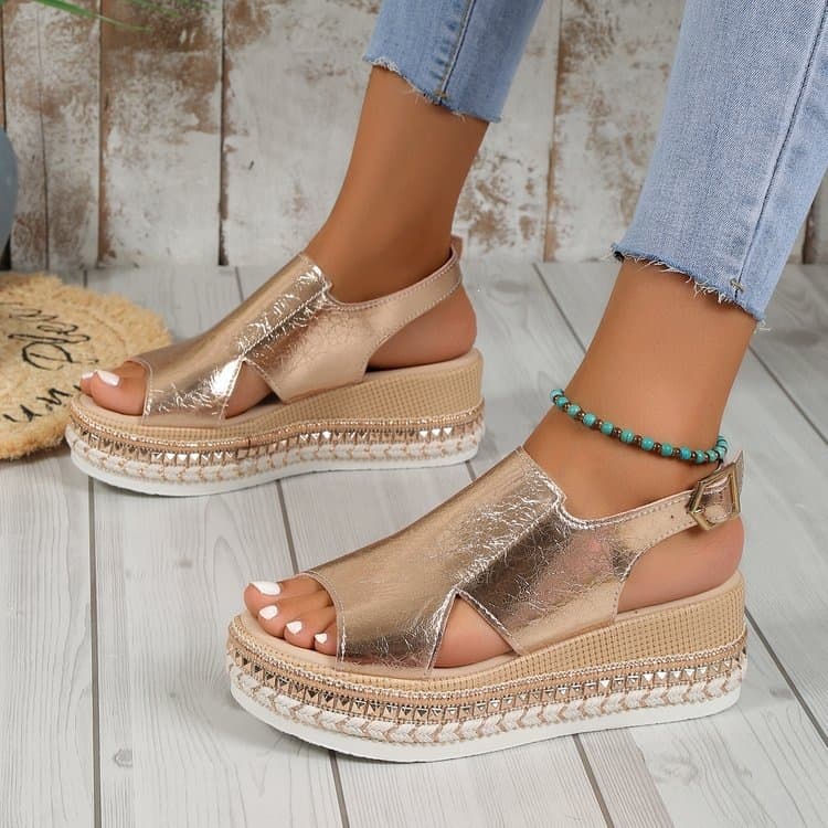 Cross-border Large Size 2025 Summer New Fish Mouth Buckle Wedge Sandals Women One-Strap Thick Sole Shiny Women's Sandals