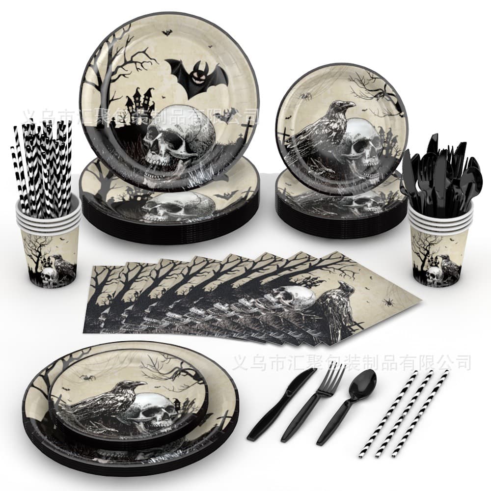 New Cross-Border Skull Crow Halloween Theme Holiday Party Disposable Paper Plates Cups Napkins Set