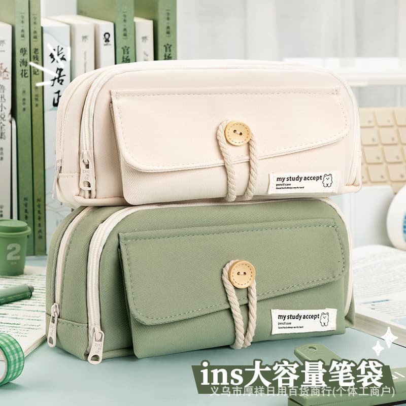 Button Pencil Case High Appearance Large Capacity Simple Ins Style Student Creative Canvas Pencil Bag Stationery Case