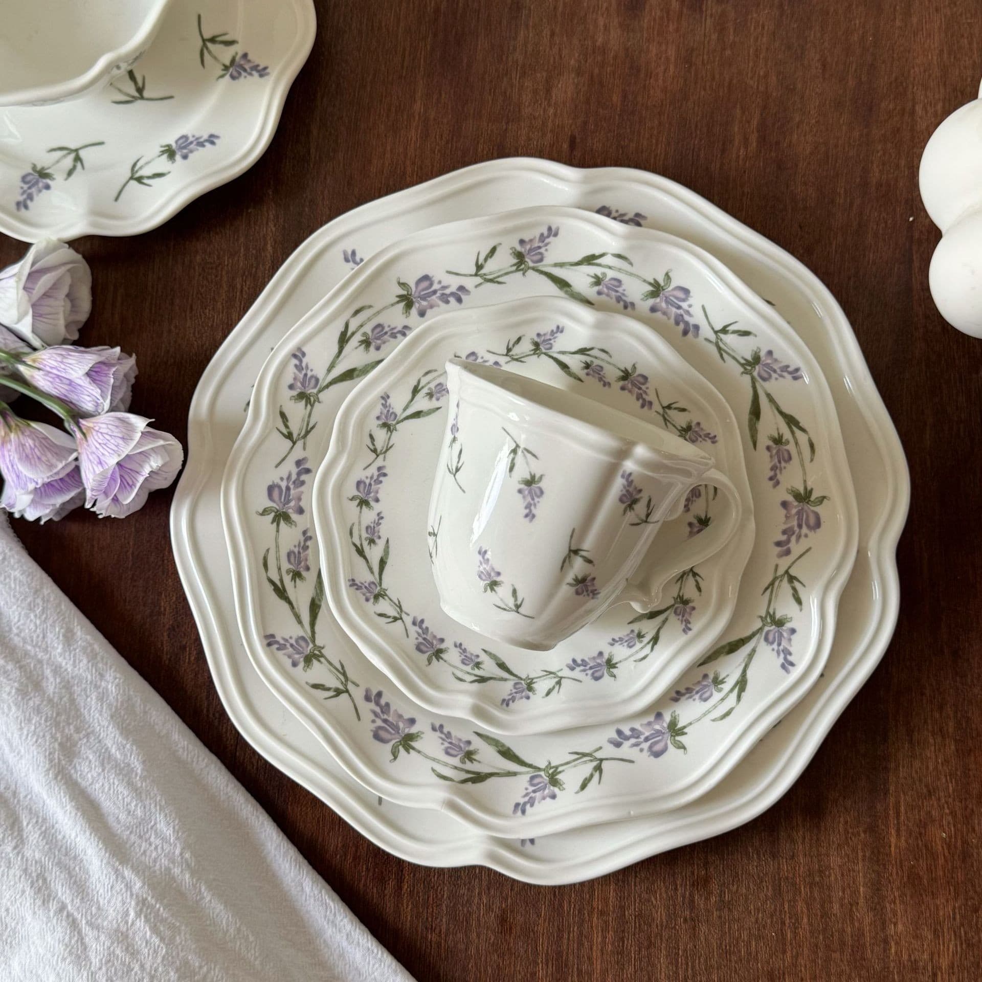 French Scalloped Lavender Ceramic Tableware, Ceramic Plate, Coffee Cup and Saucer, Deep Plate, Pasta Plate, Ceramic Bowl, Plate