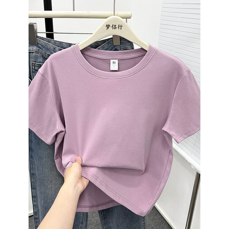 Large size slimming and flesh-covering solid color right shoulder short-sleeved T-shirt for women summer new fat mm casual commuting shirt top ins