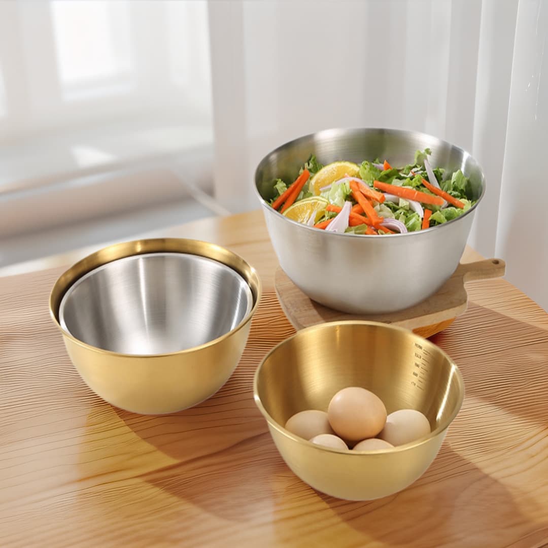 Thickened Stainless Steel Multipurpose Cooking Bowl, Korean-style with Measurements for Salad, Egg Beating, and Dough Mixing