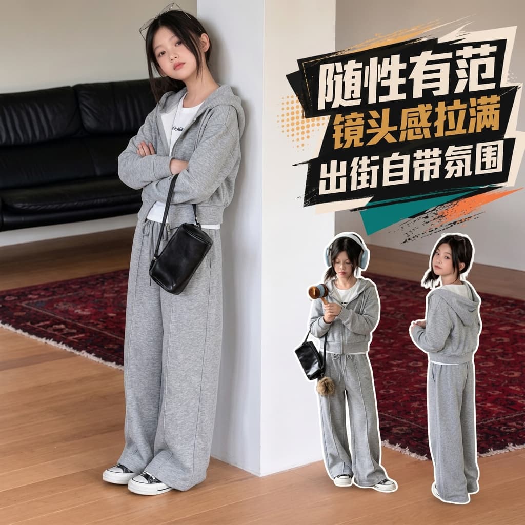 Girls Spring and Autumn Sweatshirt Set 2026 New Casual Girls Korean Medium and Large Children Hooded Sweatshirt and Sweatpants Set