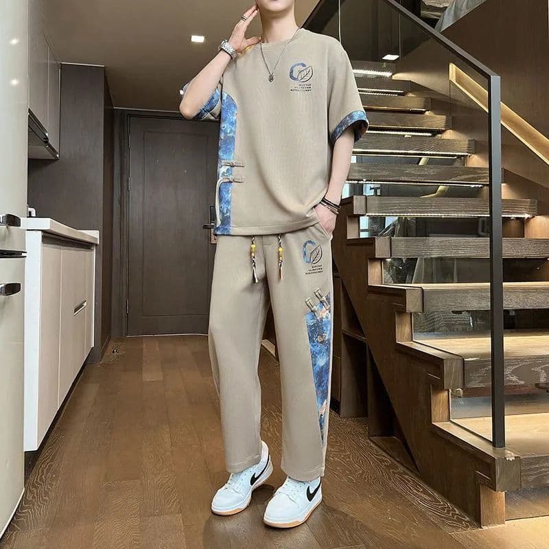 New Summer Casual Sport Suit Men's Set Trendy Chinese Style Short Sleeve Cool National Style Men's Two-Piece Set