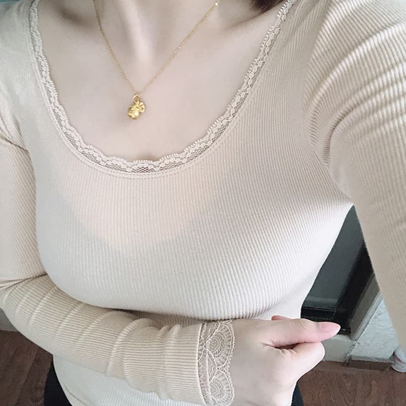 Low-cut, thin, lace thermal underwear, goddess-style top, tight-fitting long-sleeved base layer, shaping and tummy-controlling autumn wear