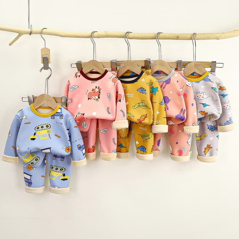 Autumn Winter Children's Thermal Underwear Set Boys and Girls Fleece-Lined Thick Autumn Top and Bottom Baby Kids Home Wear Pajamas