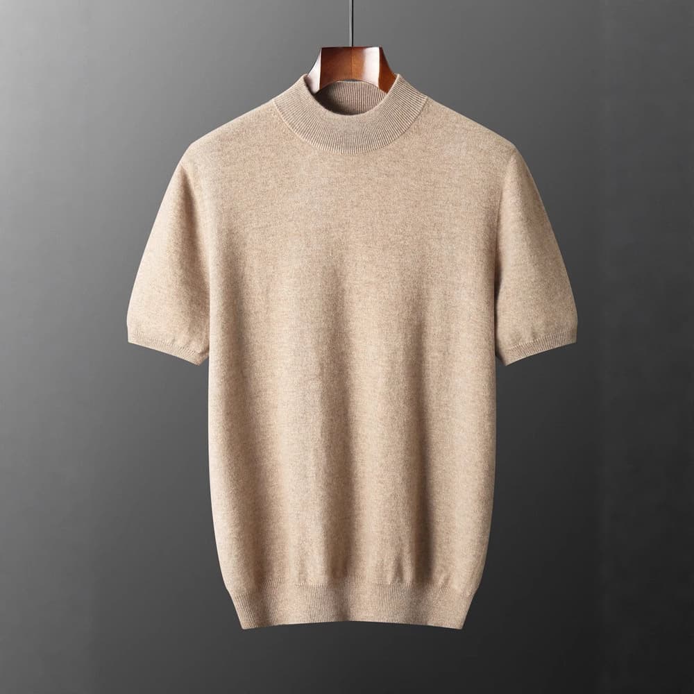 Spring/Autumn New Seamless Cashmere Knit Men's Short-Sleeve T-Shirt Casual Half-Turtleneck Wool Base Layer Knitwear