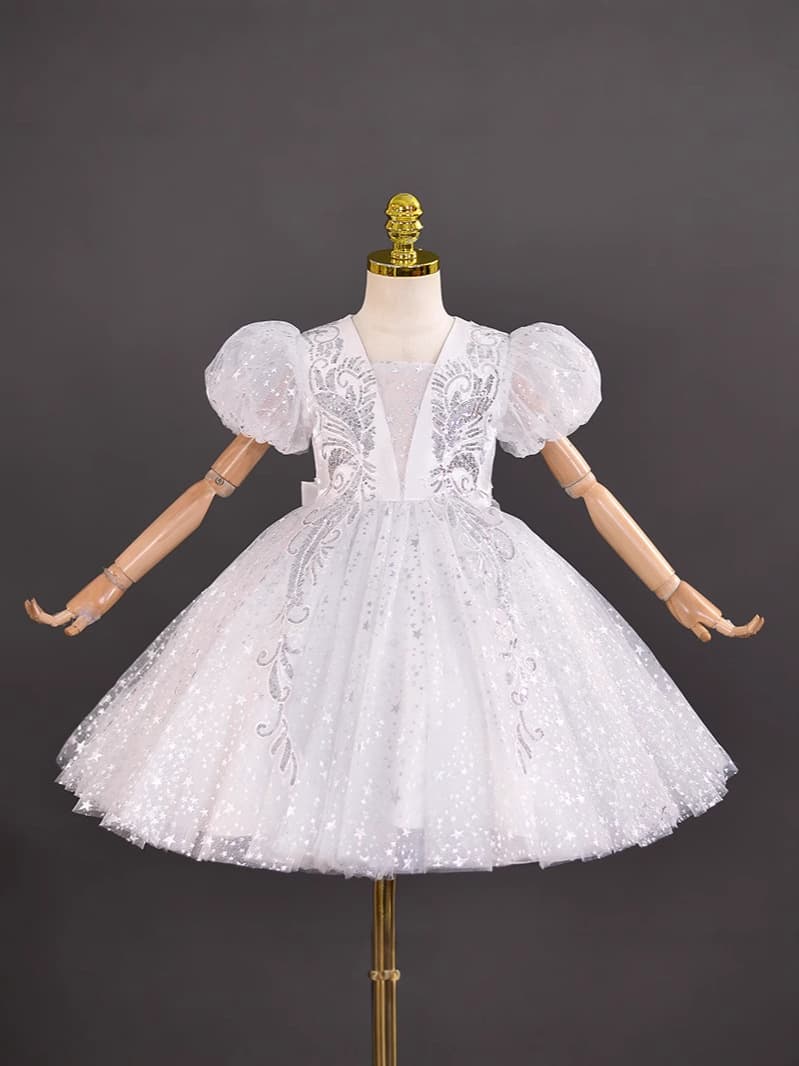 Children's Princess Dress Piano Performance Gown Girls' Tulle Puffy Sleeve Flower Girl Dress
