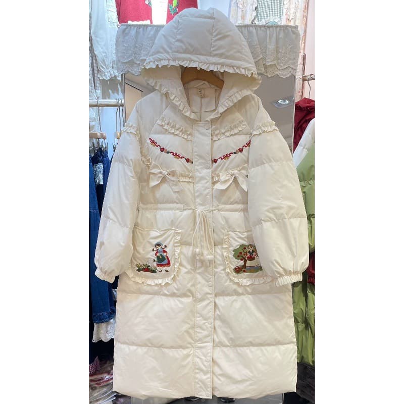 2025 Winter New Heavy Embroidery Lace Patch Sweet Youthful Long Hooded Girl Down Coat, Forest Style