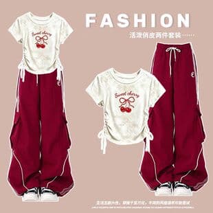 Fashion Set # Slimming Cartoon Print Versatile Short Sleeve Paired with Street Style American Retro Striped Cargo Pants