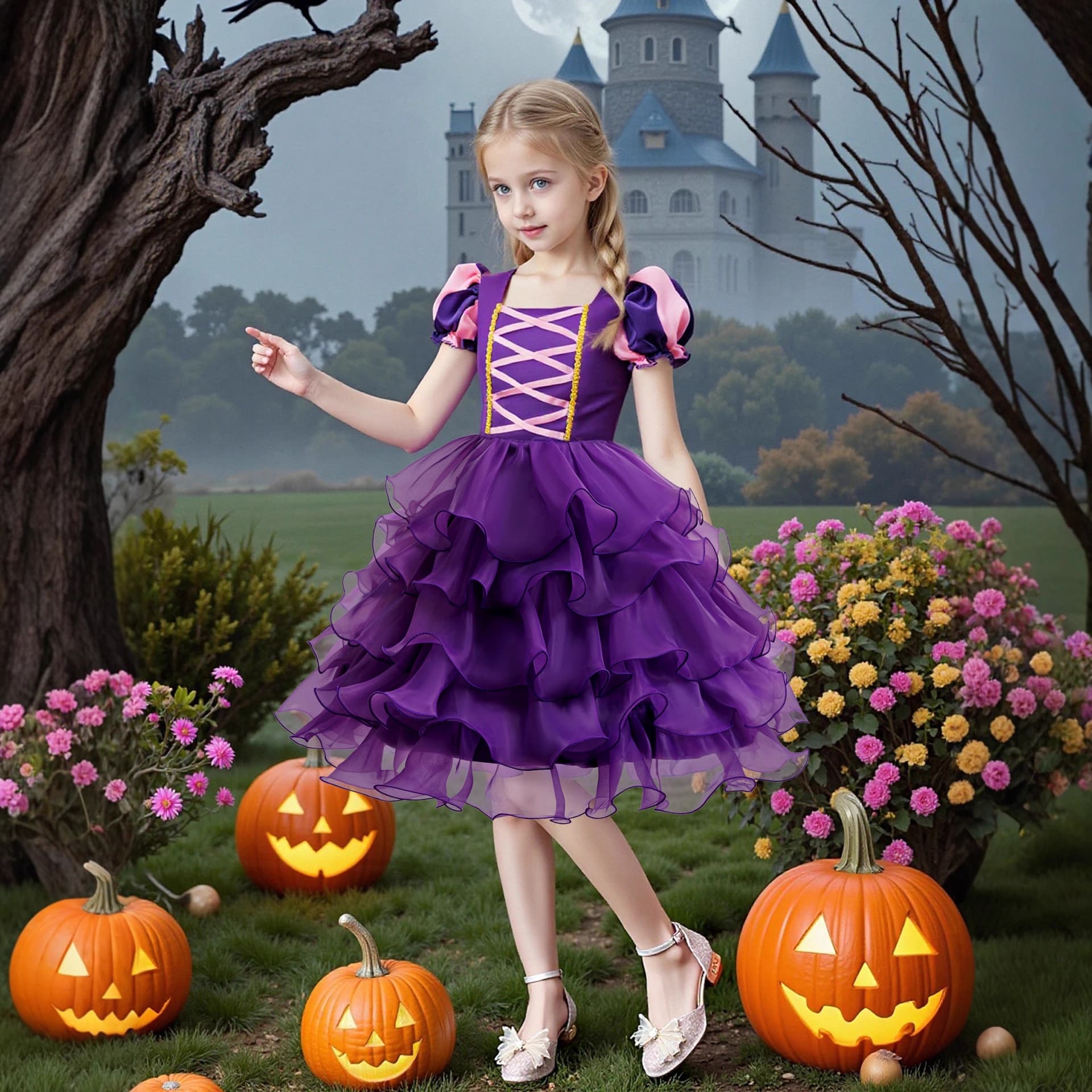 Amazon New Halloween Children's Performance Costume, Cosplay Dress for Girls with Bubble Sleeves and Mesh