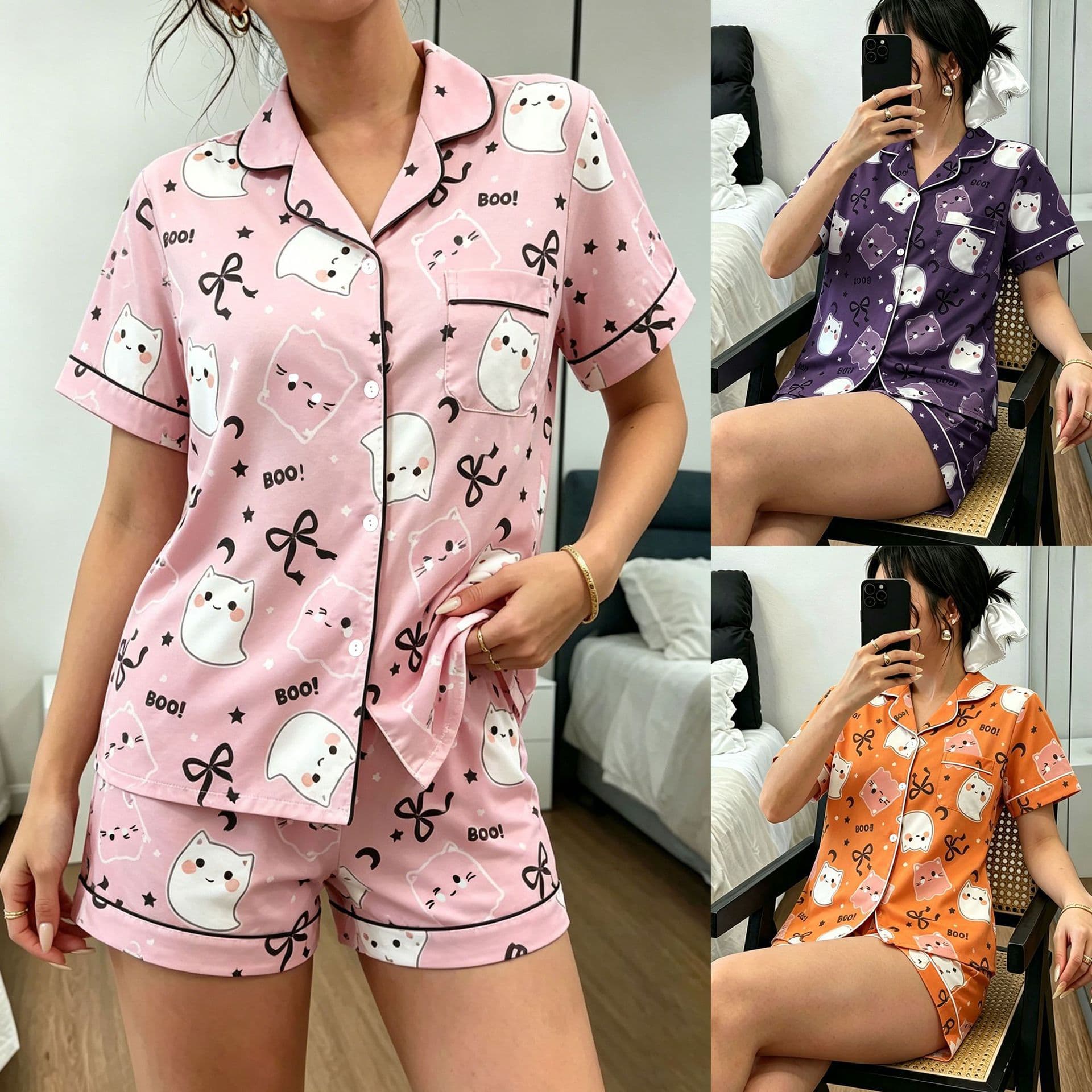 Halloween women's cross-border elf print European and American pajamas fashion casual lapel short-sleeved shorts home clothes set