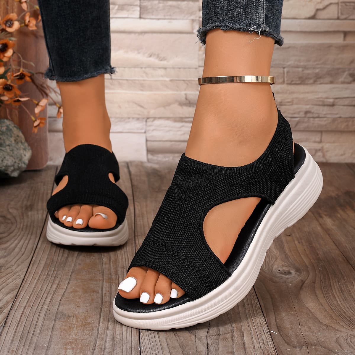 In Stock 2023 Open Toe Women's Knitted Sandals Drop Shipping Mixed Wholesale Glue Roman Sandals Cross-Border Sandals